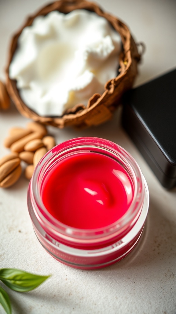 A vibrant lip tint in a container with natural ingredients like shea butter and coconut oil in the background.